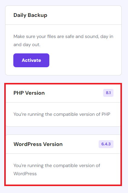 hPanel's WordPress Overview page showing a site with a supported PHP and WordPress version