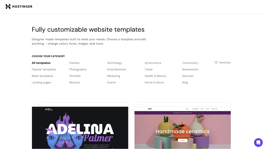 Hostinger Website Builder templates gallery