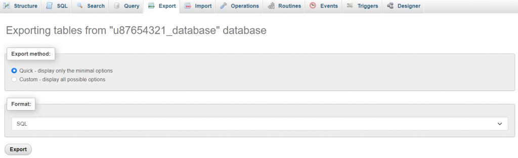 Exporting a database on phpMyAdmin
