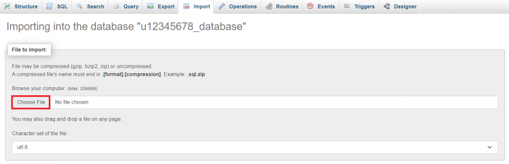 Importing a database on phpMyAdmin