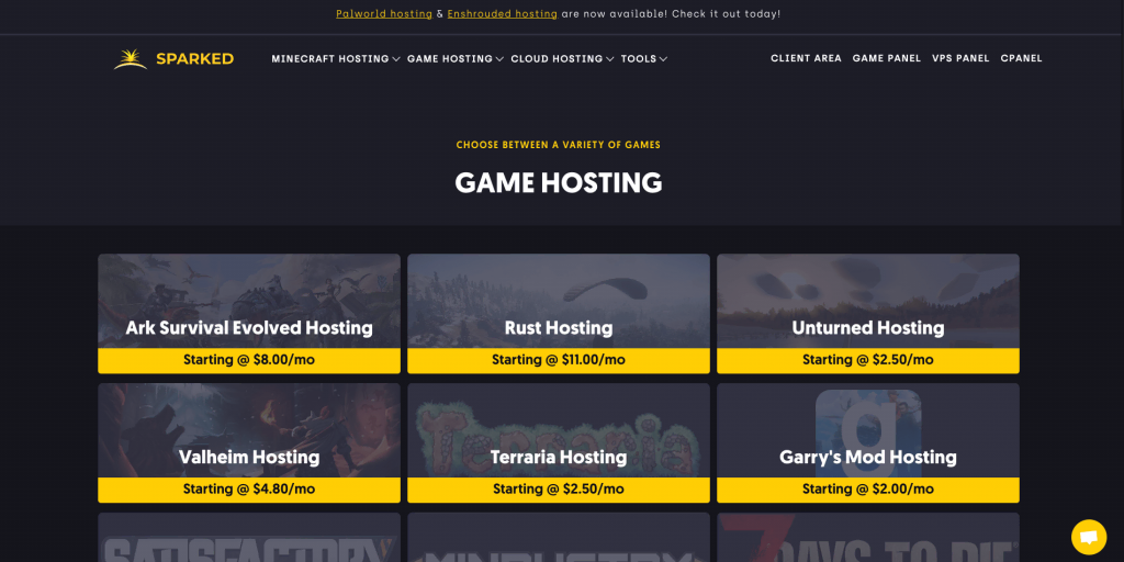 Website of the game hosting provider Sparked Host