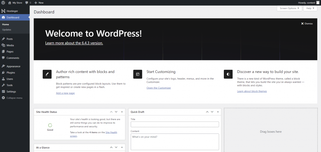 The dashboard of WordPress content management system