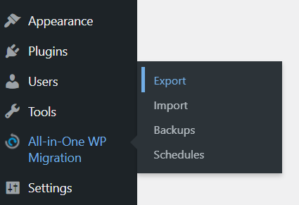 Accessing the Export menu of All-in-One WP Migration on the WordPress dashboard