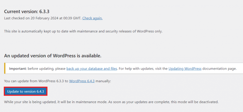 The WordPress Updates page with the Update to version button highlighted