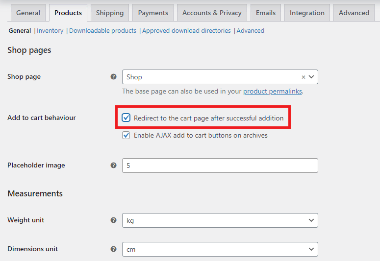 Activating the Redirect to the cart page after successful addition option on the WooCommerce admin panel