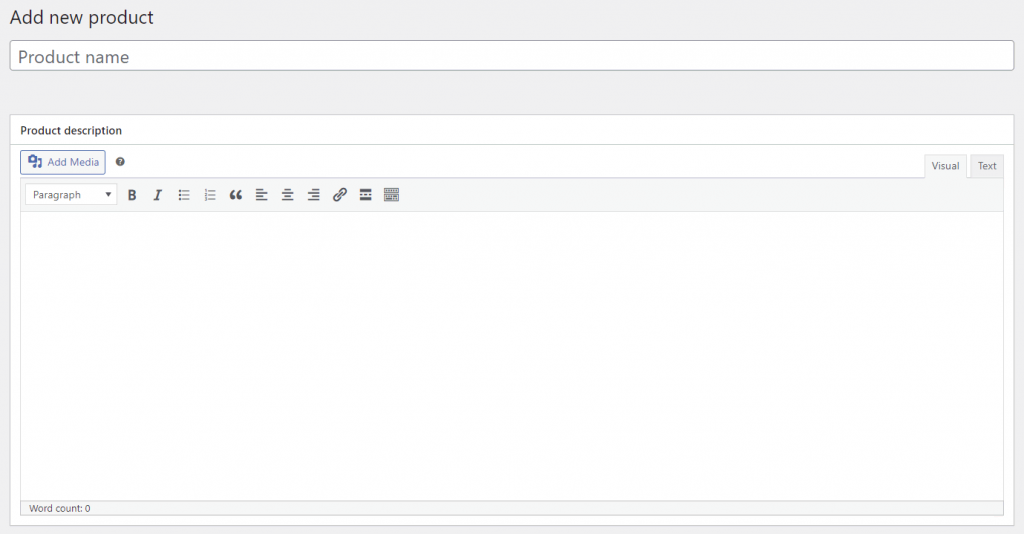 Forms to enter the product's name description in WordPress