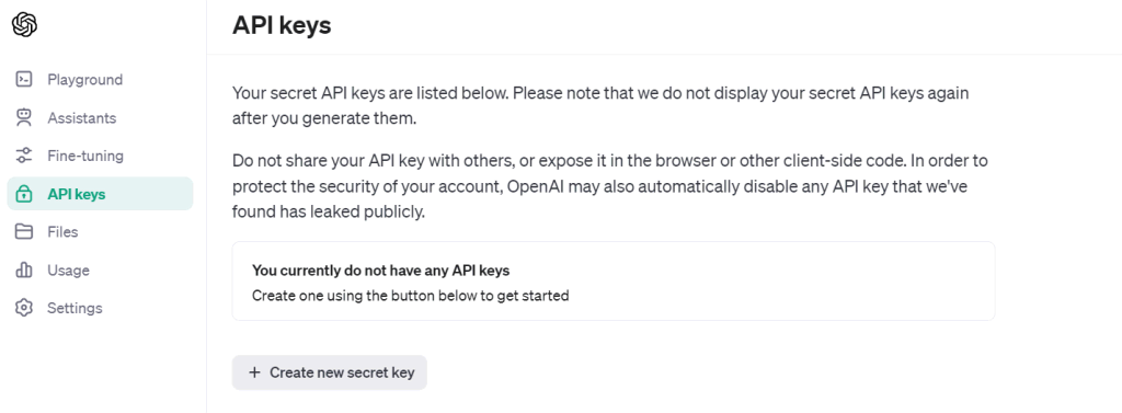 API keys creation menu in OpenAI