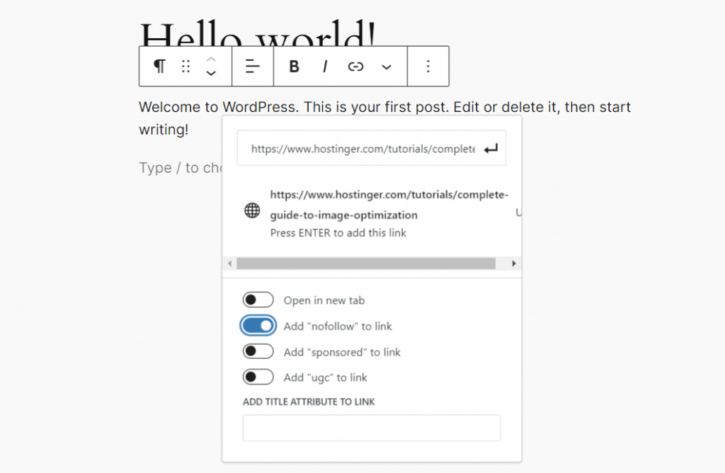 Adding nofollow links via the block editor