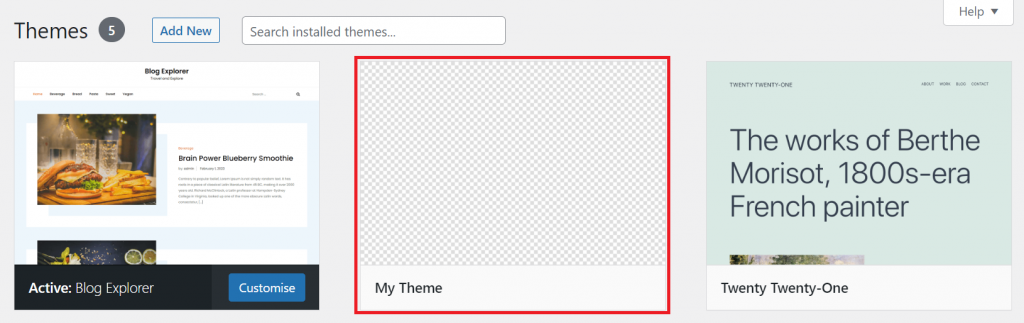 An empty theme appears on the WordPress Themes menu