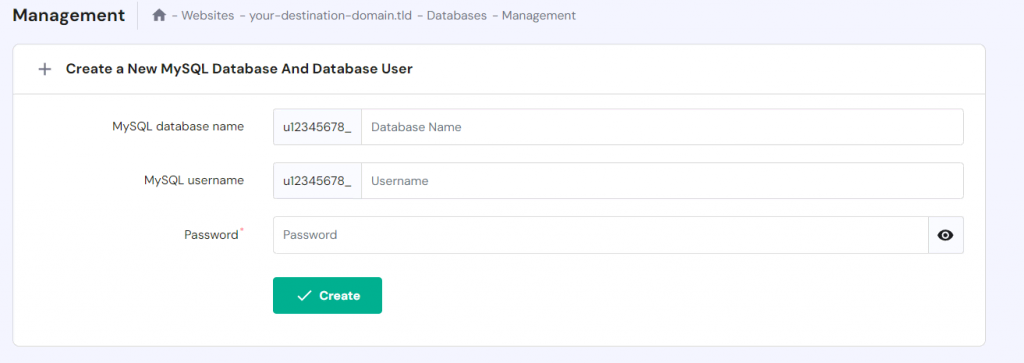 Database creation section in hPanel
