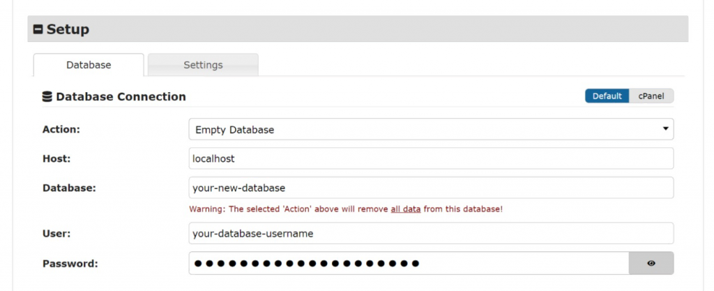 Database setup section in Duplicator installer