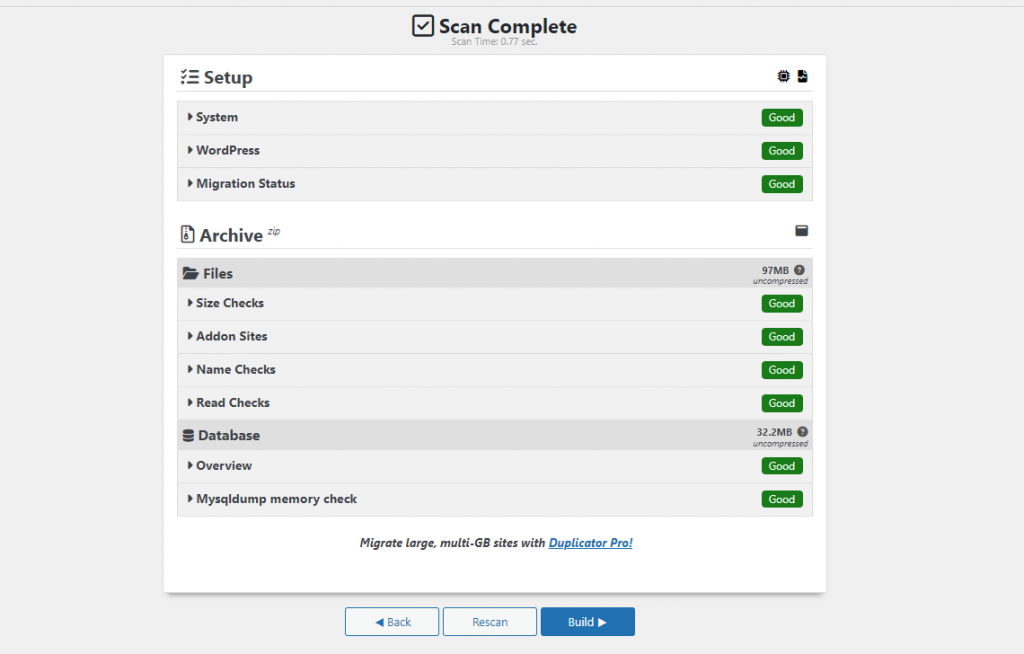 Duplicator website scan result