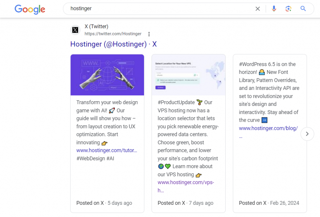 Hostinger X posts showed on SERPs
