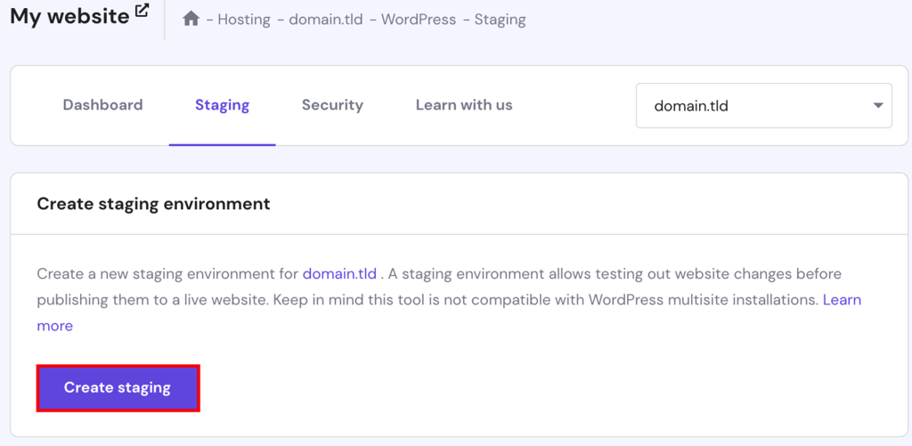 Staging feature on hPanel, highlighting the Create staging button
