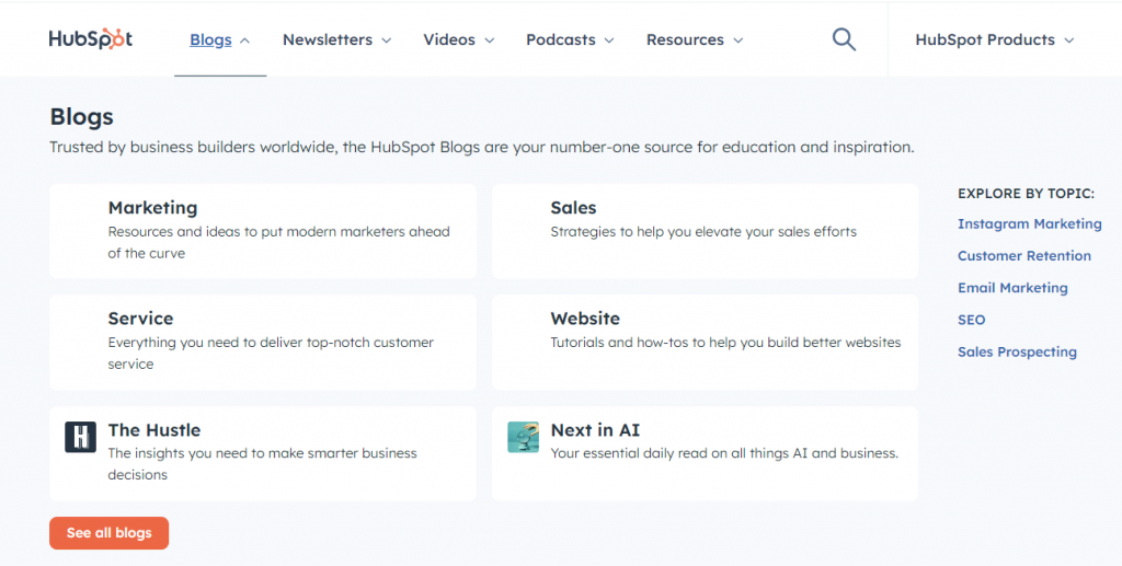 The Blogs page of HubSpot