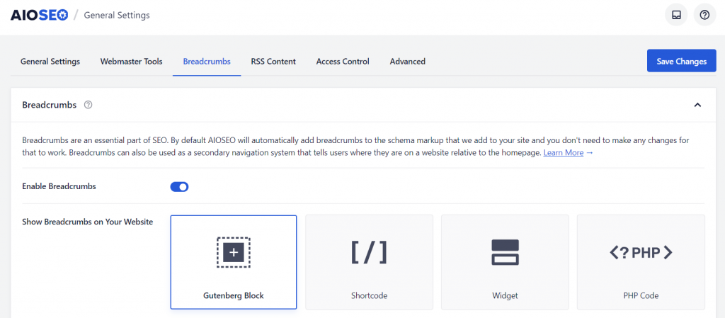 The Breadcrumbs settings in the AIOSEO dashboard
