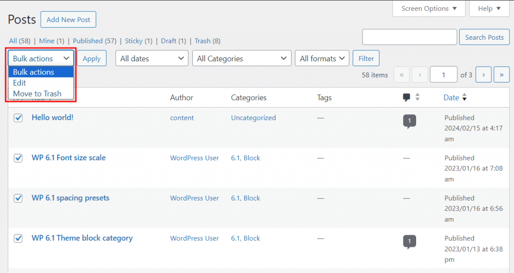 The Bulk Actions feature for Posts
