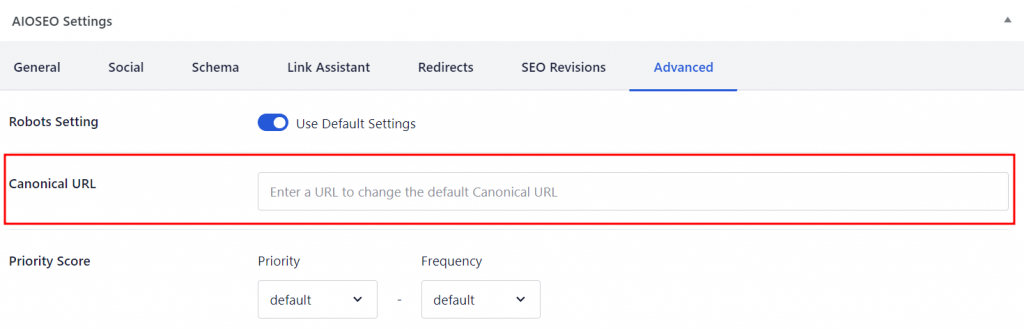 The Canonical URL field in the Advanced AIOSEO settings tab
