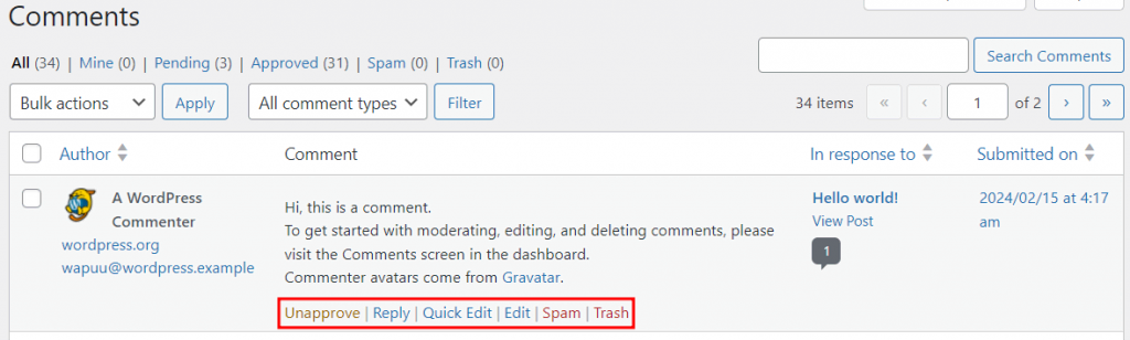 The Comments section in WordPress with the moderation options highlighted in red
