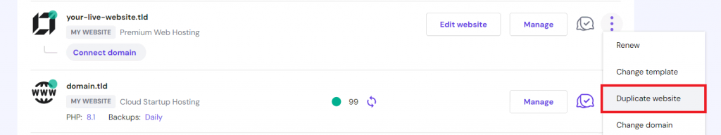 The Duplicate Website option in hPanel's website menu