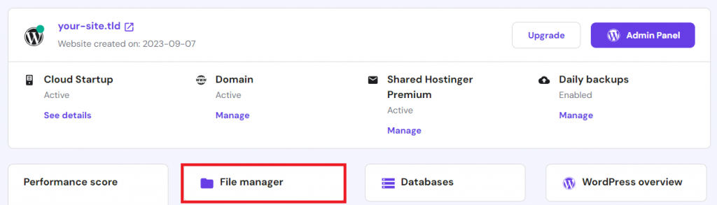 The File Manager button in hPanel website managment dashboard