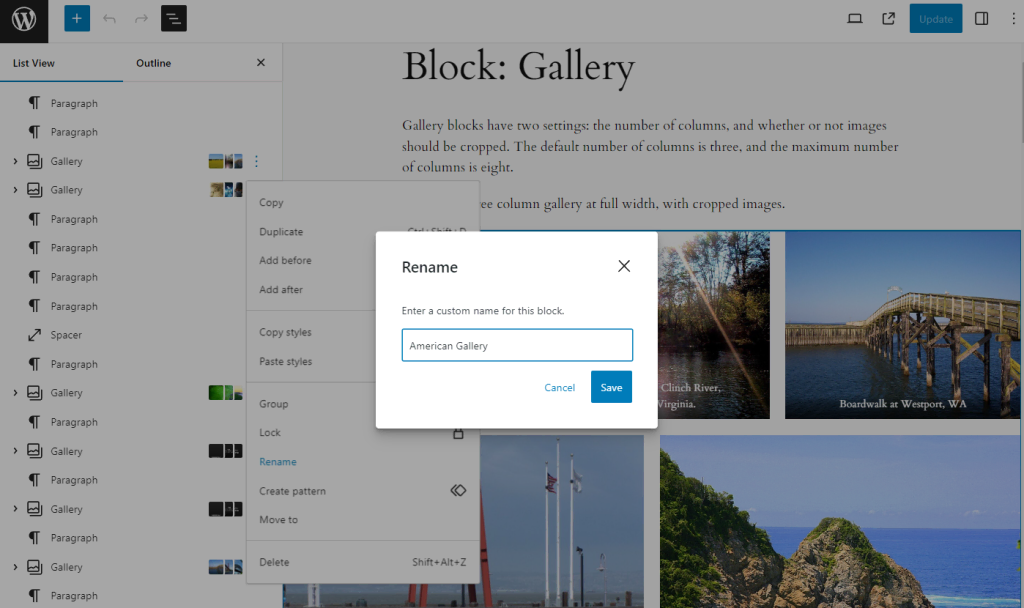 The Gallery Rename feature in the block editor
