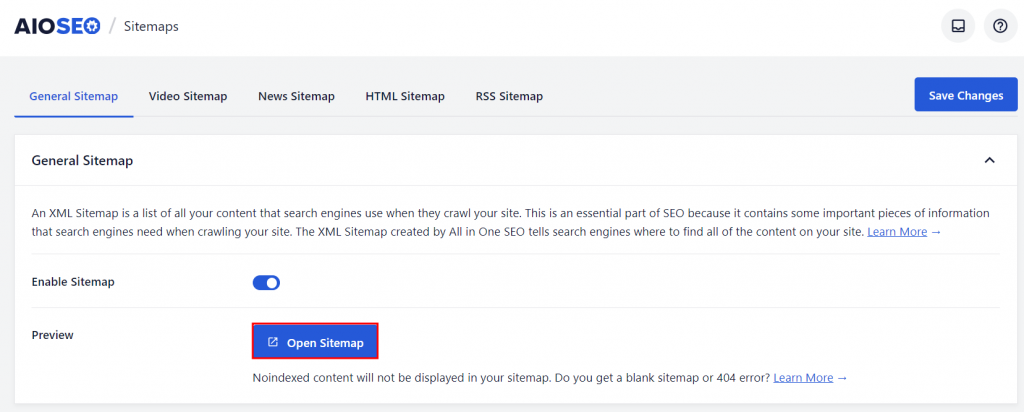 The General Sitemap settings in the AIOSEO dashboard
