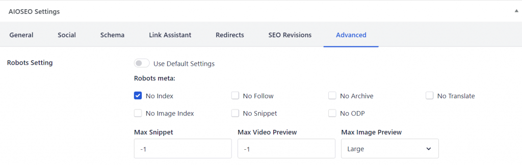 The Robots Settings in AIOSEO