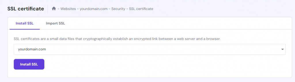 The SSL certificate installation feature in hPanel