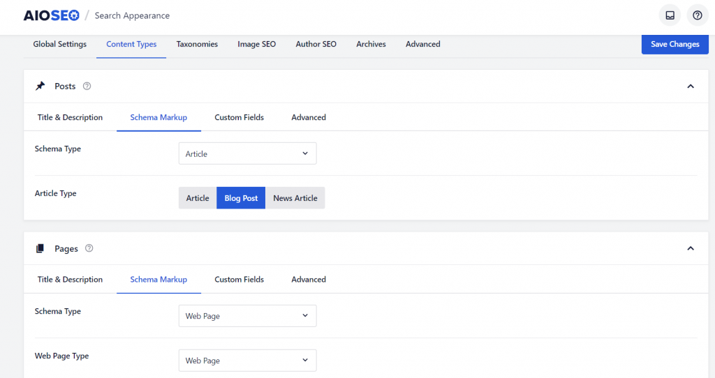 The Schema Markup settings in the AIOSEO dashboard
