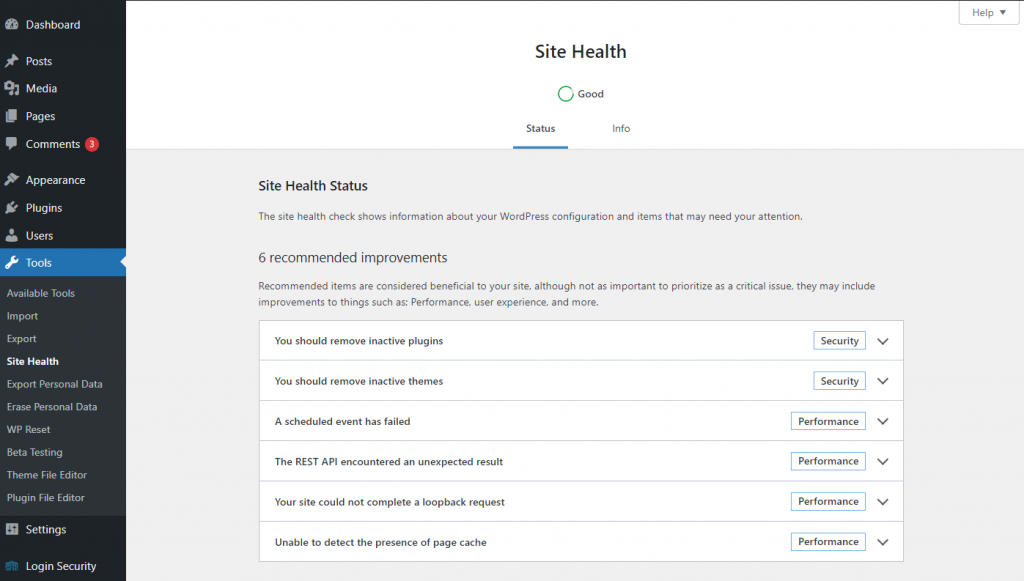 The Site Health feature in WordPress
