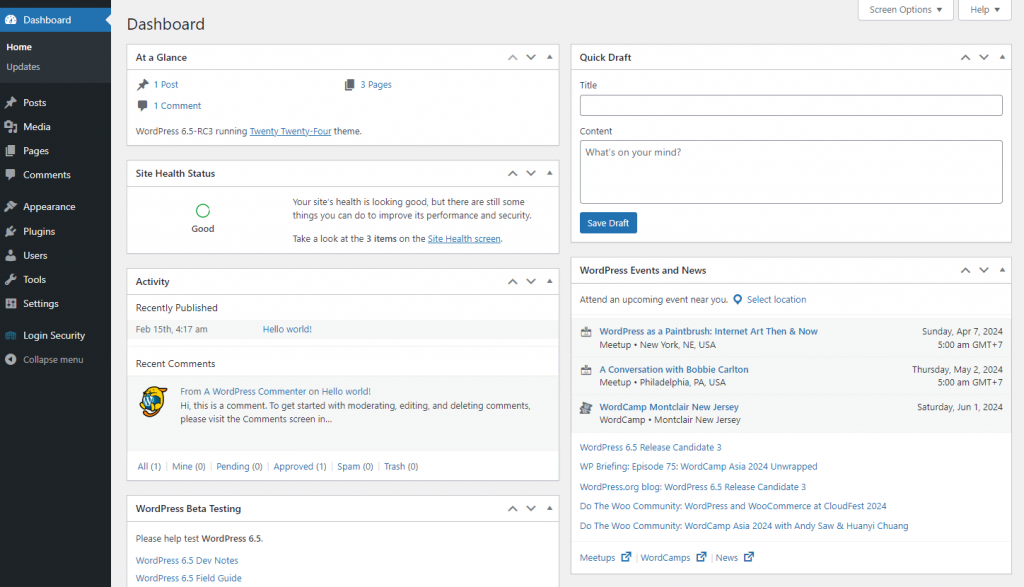 The WordPress admin dashboard which displays movable sections like "at a glance", "site health status", and "activity"
