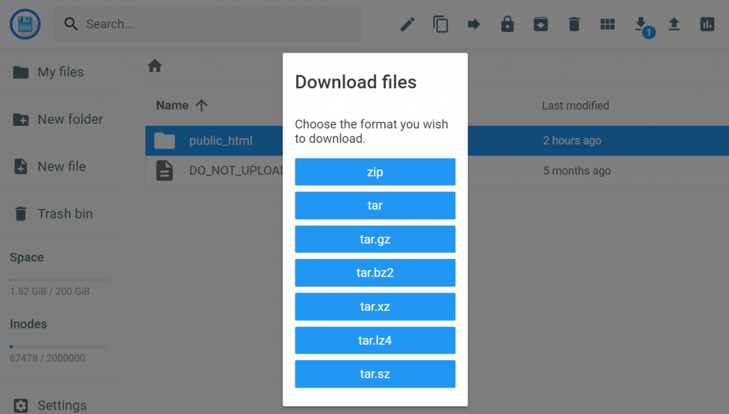 The archive download menu in hPanel's File Manager