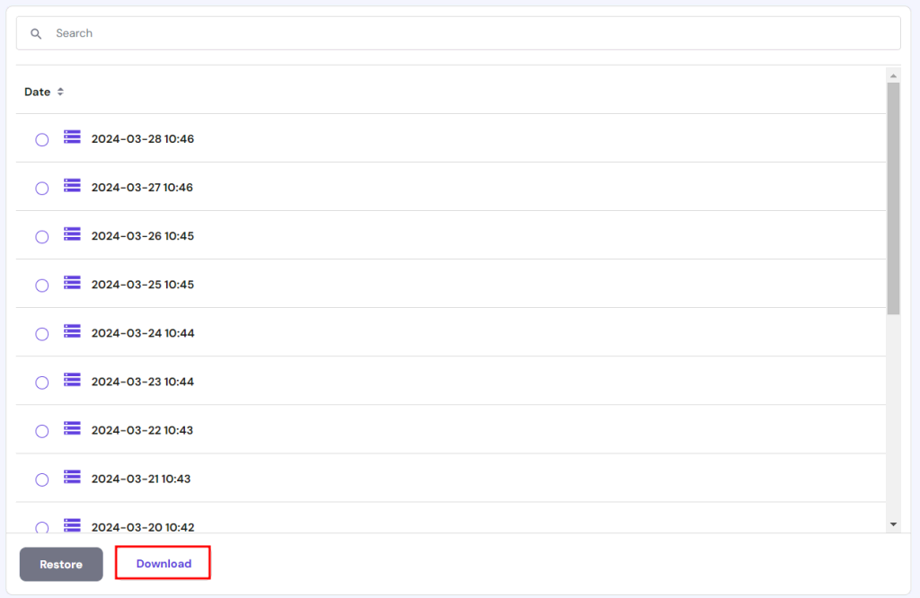 The backup logs that have been generated over time. User can pick one to download.