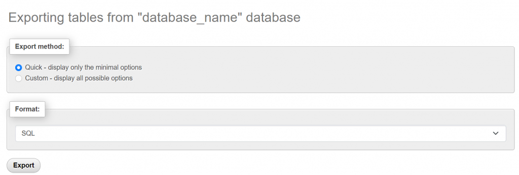 The database export menu in phpMyAdmin