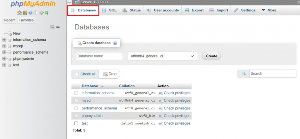 The databases menu in phpMyAdmin