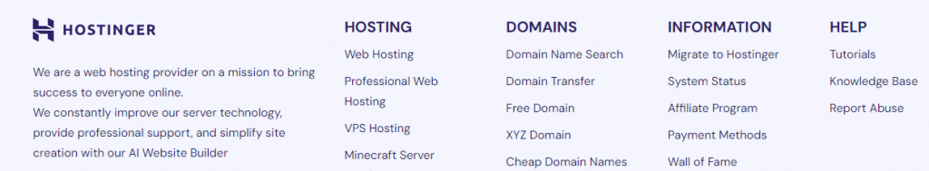 The footer section of Hostinger's website