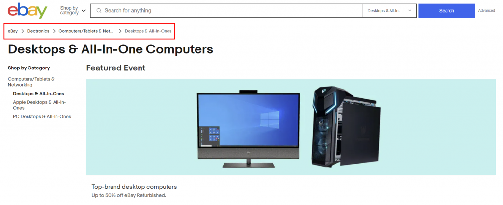 The homepage of eBay, with the breadcrumb trailing highlighted in red