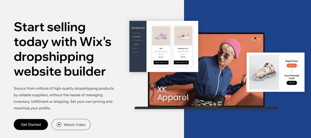 The landing page for Wix's dropshipping website builder
