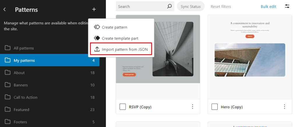 The option to import patterns from JSON in the block editor
