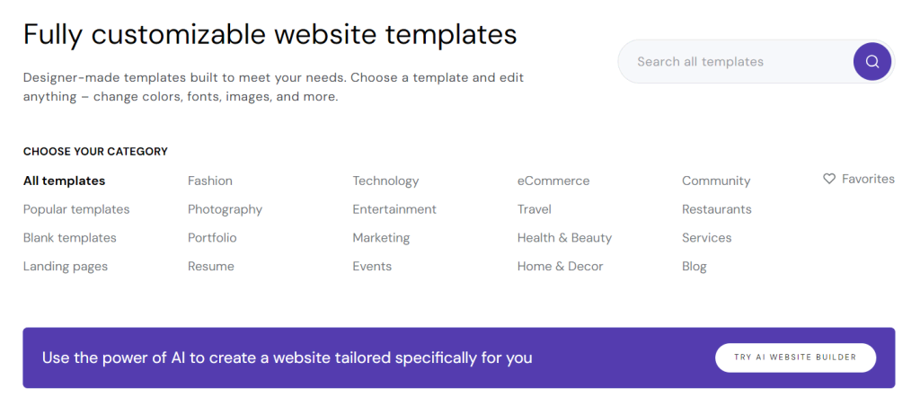 The template selection page of Hostinger Website Builder
