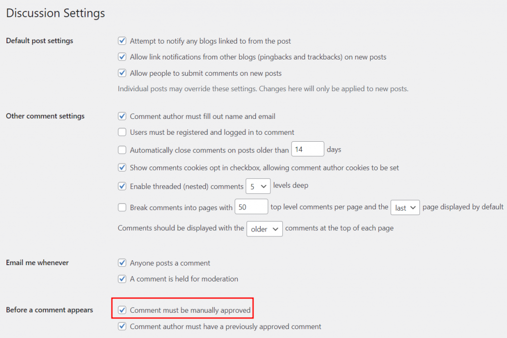 WordPress Discussion Settings, highlighting the manual comment approval box