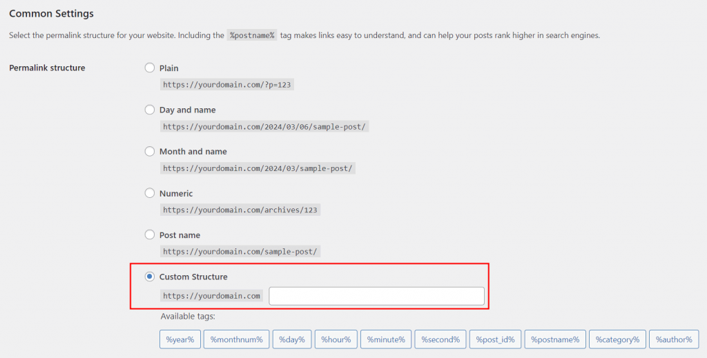 WordPress Permalinks Settings, highlighting the custom structure option