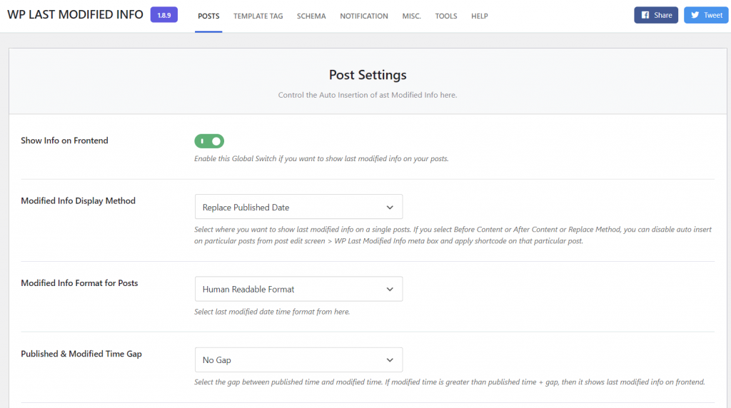 WordPress admin page, showing the WP Last Modified Info plugin settings panel