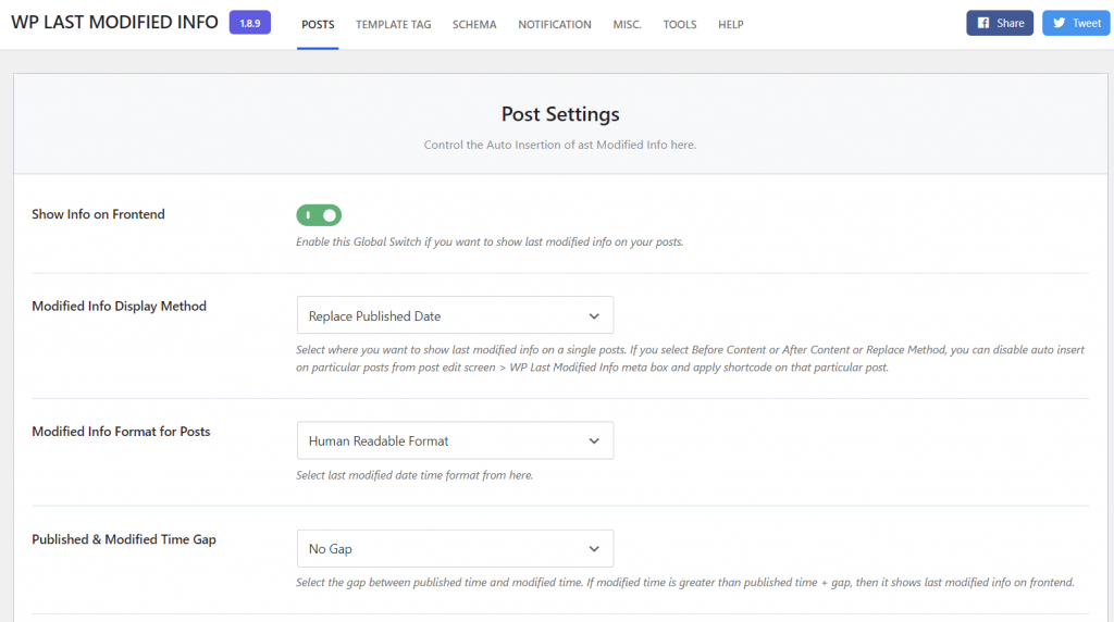 WordPress admin page, showing the WP Last Modified Info plugin settings panel
