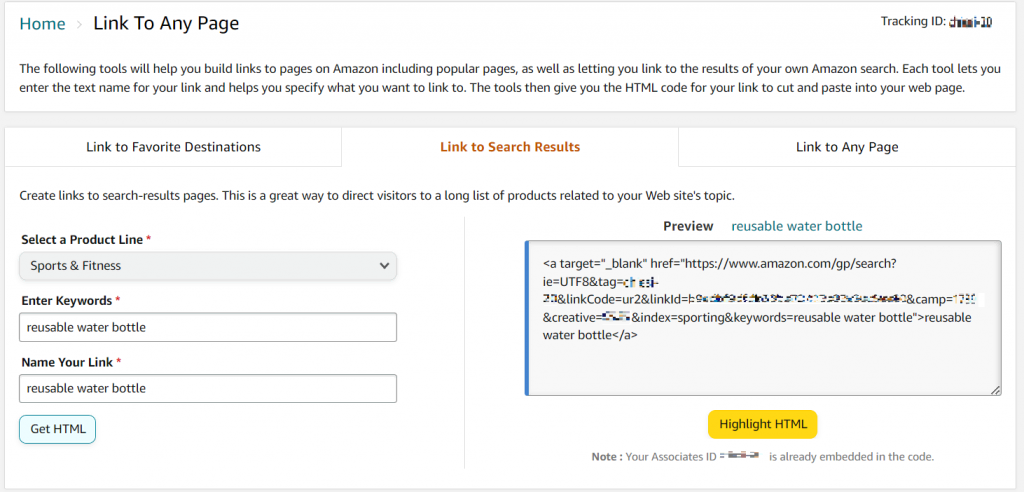 Affiliate link generator in the Amazon Associates dashboard