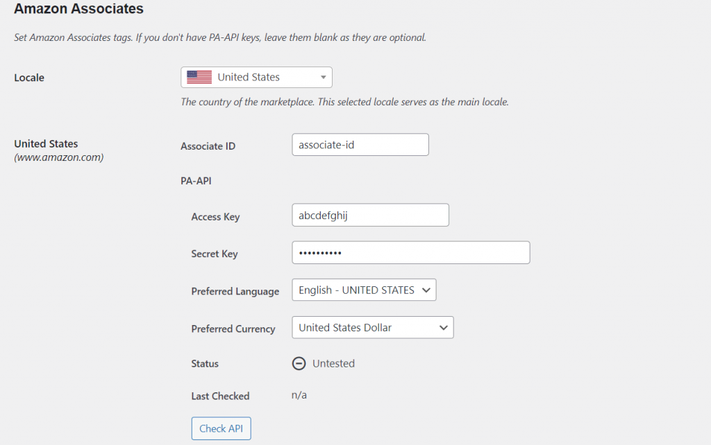Auto Amazon Links API settings