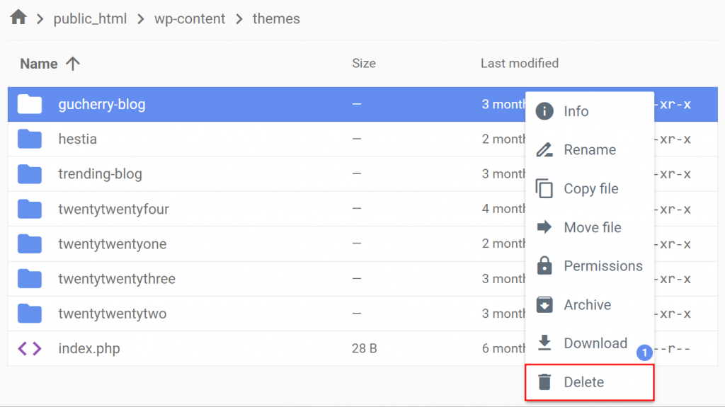 Theme files in wp-content, highlighting the option to delete a theme folder
