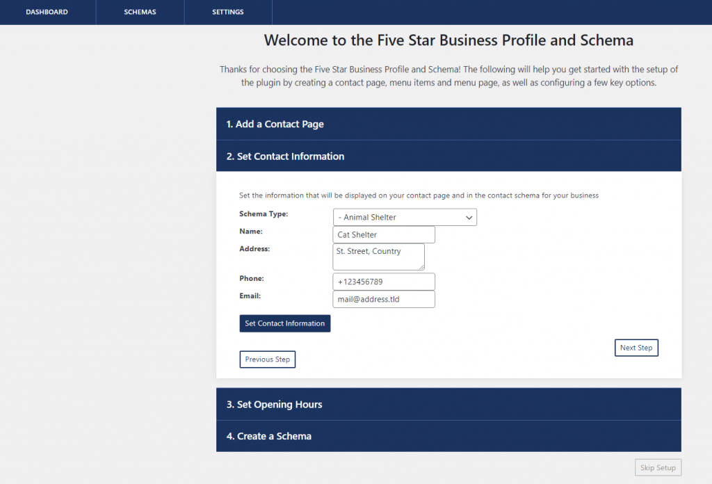 Five Star Business Profile and Schema's interface