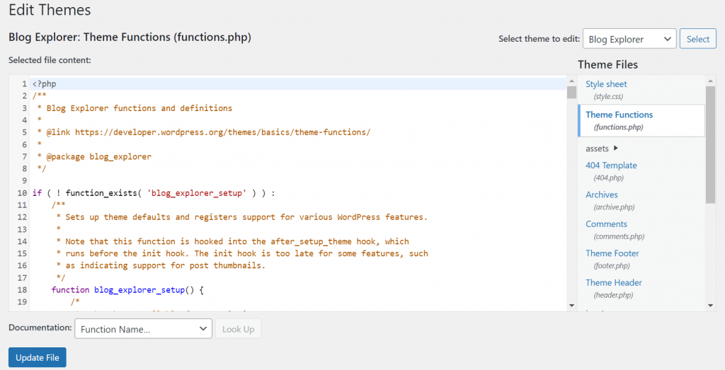 The functions.php file in WordPress' Theme file editor